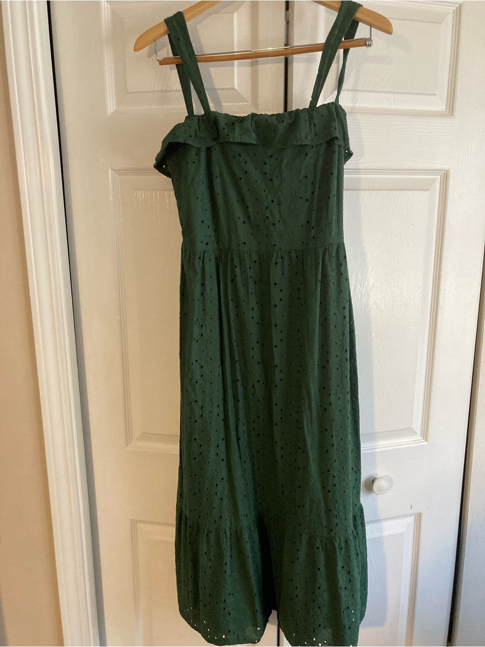 LOFT Forest Green Eyelet Midi Dress with Ruffle Yoke